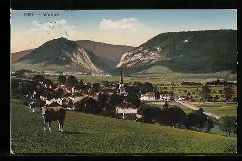 AK Motiers, Totale von der Bergwiese aus gesehen