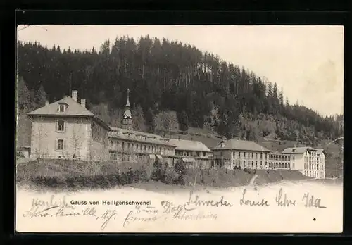 AK Heiligenschwendi, Gebäudepartie am Waldrand