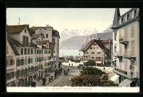 AK Brunnen, Strassenbild mit Pension und Urirothstock