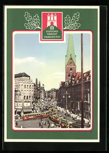 AK Hamburg, Turnfest 1953, Strassenpartie mit Strassenbahnen und Kirche