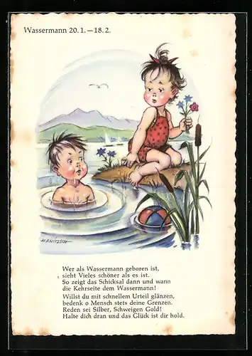 AK Sternzeichen Wassermann, Kinder beim Baden