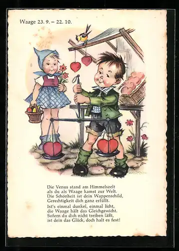 AK Sternzeichen Waage, Kinder mit Herzchen-Waage