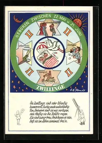 AK Sternzeichen Zwillinge, Storch bringt Zwillinge, Darstellung von Eigenschaften des Sternzeichens