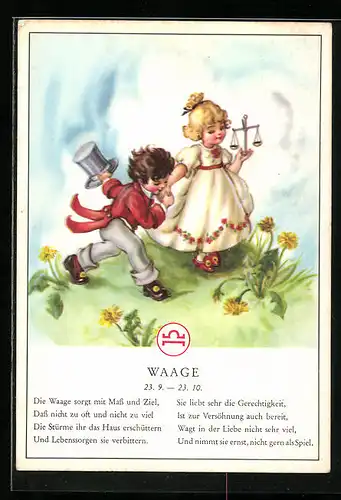 AK Sternzeichen Waage, Kleines Paar mit Waage