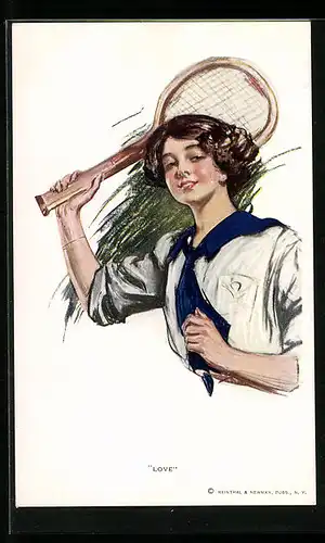 AK Love, Junge Dame mit erhobenem Tennisschläger