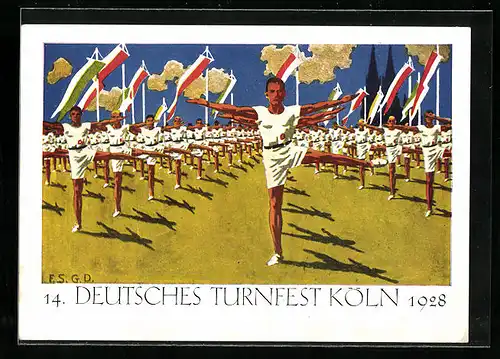 AK Köln, Deutsches Turnfest 1928, Turner-Formation bei Freiübungen im Stadion, Flaggen