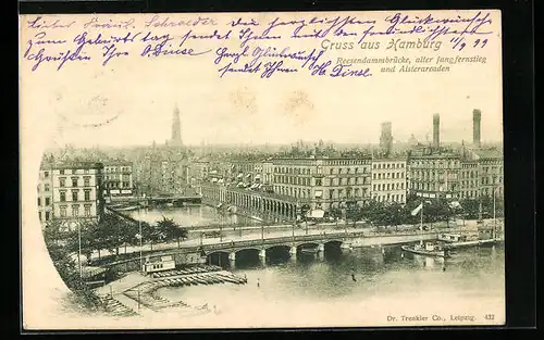 AK Hamburg, Blick auf Ressendammbrücke, Jungferstieg, Alsterarcaden