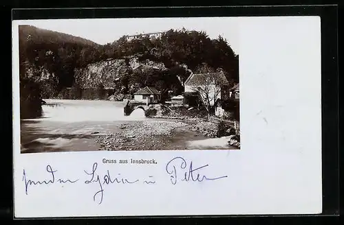 Foto-AK Fritz Gratl: Innsbruck, Ortsansicht mit Flusspartie