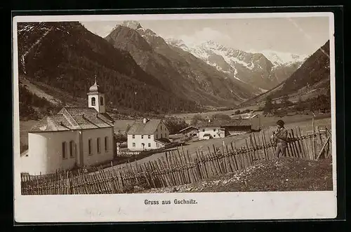 Foto-AK Fritz Gratl: Gschnitz, Ortsansicht mit Kirche