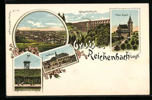 Lithographie Reichenbach i. V., Ortsansicht, Gasthaus Schöne Aussicht