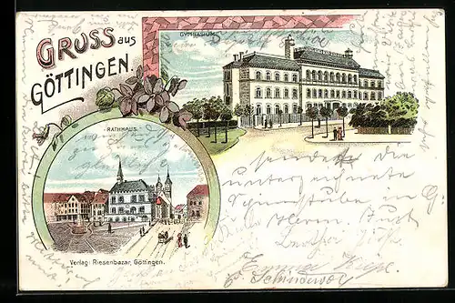Lithographie Göttingen, Gymnasium, Ortspartie mit Rathaus