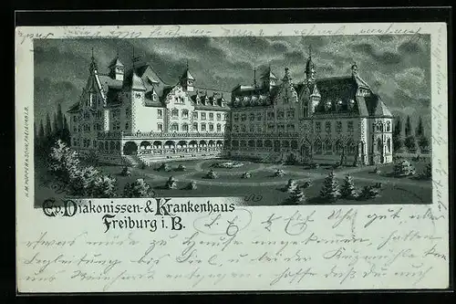 Mondschein-Lithographie Freiburg i. B., Ev. Diakonissen- & Krankenhaus mit Anlagen