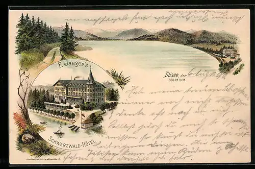 Lithographie Titisee, F. Jaegers Schwarzwald-Hotel, Seepartie