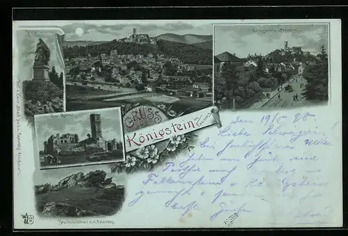 Mondschein-Lithographie Königstein i. T., Ortsansicht, Ruine, Strassenpartie