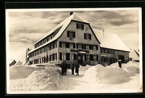 AK Messstetten, Gasthof Schwane R. Albeck im Schnee