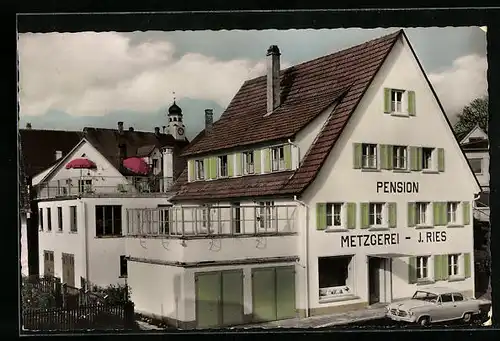 AK Bad Wurzach /Allg., Pension-Metzgerei J. Ries aus der Vogelschau