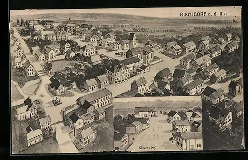 Künstler-AK Kirchdorf a. d. Iller, Ortsansicht aus der Vogelschau, Oberes Dorf