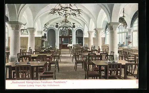 AK Berlin-Grunewald, Paulsborn, Restaurant Königliches Forsthaus, Innenansicht