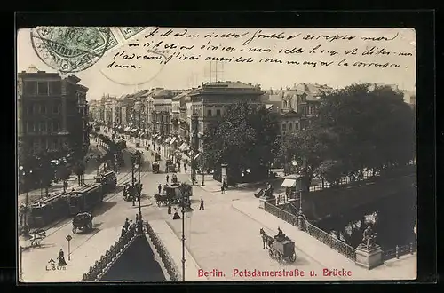 AK Berlin-Tiergarten, Potsdamer Strasse und Brücke mit Strassenbahnen