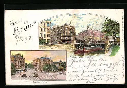 Lithographie Berlin-Tiergarten, Potsdamer Brücke, Potsdamer Platz