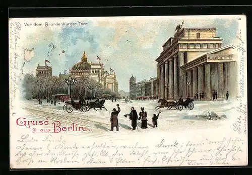 Lithographie Berlin-Tiergarten, vor dem Brandenburger Tor im Winter