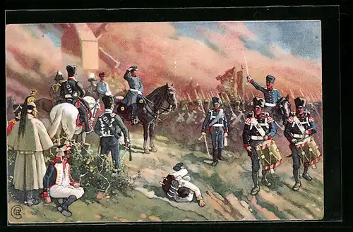 Künstler-AK General Bülow bei Dennewitz, Soldaten marschieren in die Schlacht