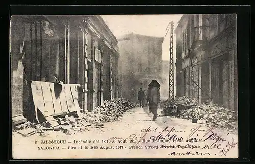 AK Salonique, Rue Franque, Poste Anglaise, Strassenpartie nach Brand 1917