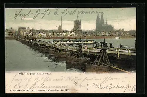 AK Köln, Panorama mit dem Dom mit der Schiffbrücke v. Deutz im Vordergrund