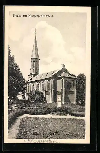 AK Schlamersdorf, Kirche mit Kriegergedenkstein