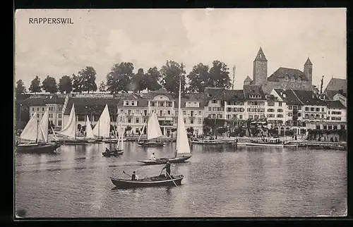 AK Rapperswil, Ufer mit Segelbooten und Hotel Belle-Vue