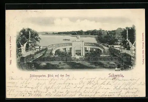 AK Schwerin, Schlossgarten mit Blick auf den See