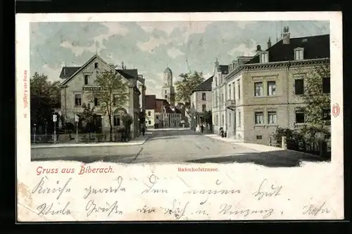 AK Biberach, Bahnhofstrasse mit Kirche und Bahnhof-Hotel