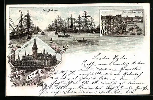Lithographie Hamburg, Hafen, alter Jungfernstieg, neues Rathaus