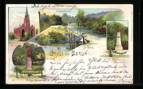 Lithographie Berlin, Batholomäus-Kirche, Kriegerdenkmal 1870-71, Denkmal des alten Fritz, Friedrichshain