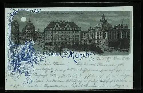 Mondschein-Lithographie München, Blick vom Karlsthor nach dem Bahnhof