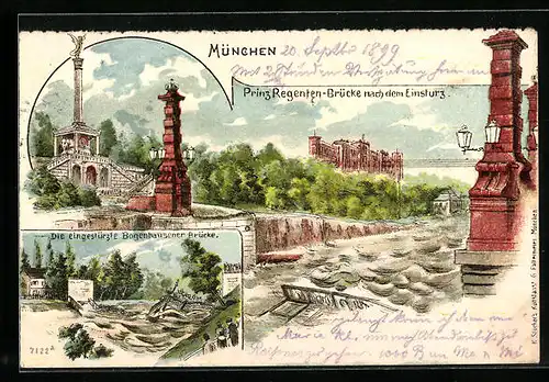 Lithographie München, eingestürzte Bogenhausener Brücke, Prinz Regenten-Brücke