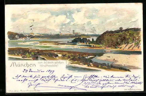 Lithographie Grosshesselohe, Panorama an der Isar