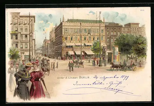 Lithographie Berlin, Unter den Linden mit Passanten