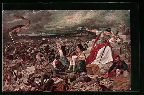 Künstler-AK Europa Trauert, Verwüstung auf dem Schlachtfeld