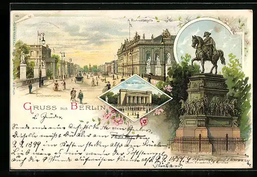 Lithographie Berlin, Schlossbrücke und Ruhmeshalle, Denkmal Friedrichs des Grossen