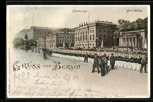 Lithographie Berlin, Militärregiment vor Universität und Neuer Wache