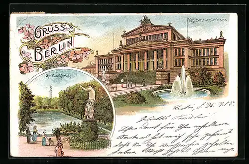 Lithographie Berlin, Kgl. Schauspielhaus und Goldfischteich, Gendarmenmarkt