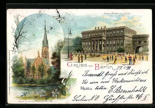 Lithographie Berlin, Kaiser Friedrich-Palais und Gedächtniskirche