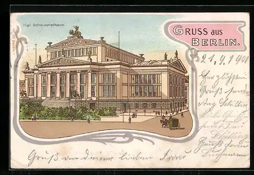 Lithographie Berlin, Kgl. Schauspielhaus mit Strasse