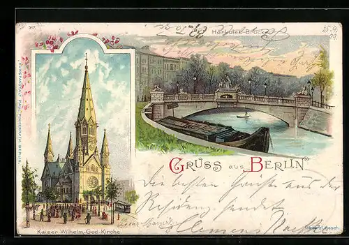 Lithographie Berlin, Herkules-Brücke mit Frachter, Kaiser-Wilhelm-Gedächtnis-Kirche