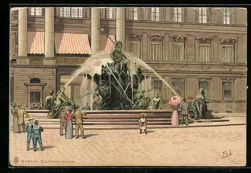 Lithographie Berlin, Besucher am Schlossbrunnen