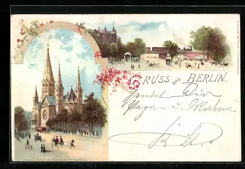 Lithographie Berlin, Strassenpartie mit Bahnbrücke, Kaiser-Wilhelm-Gedächtniss-Kirche