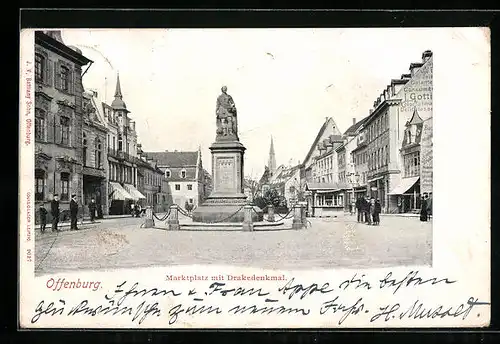 AK Offenburg, Marktplatz mit Drakedenkmal