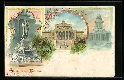 Lithographie Berlin, Gendarmenmarkt, Schiller Denkmal, Französischer Dom, Königl. Schauspielhaus