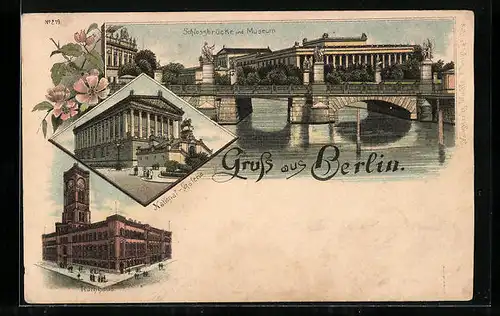 Lithographie Berlin, Schlossbrücke und Museum, National-Galerie, Rotes Rathaus